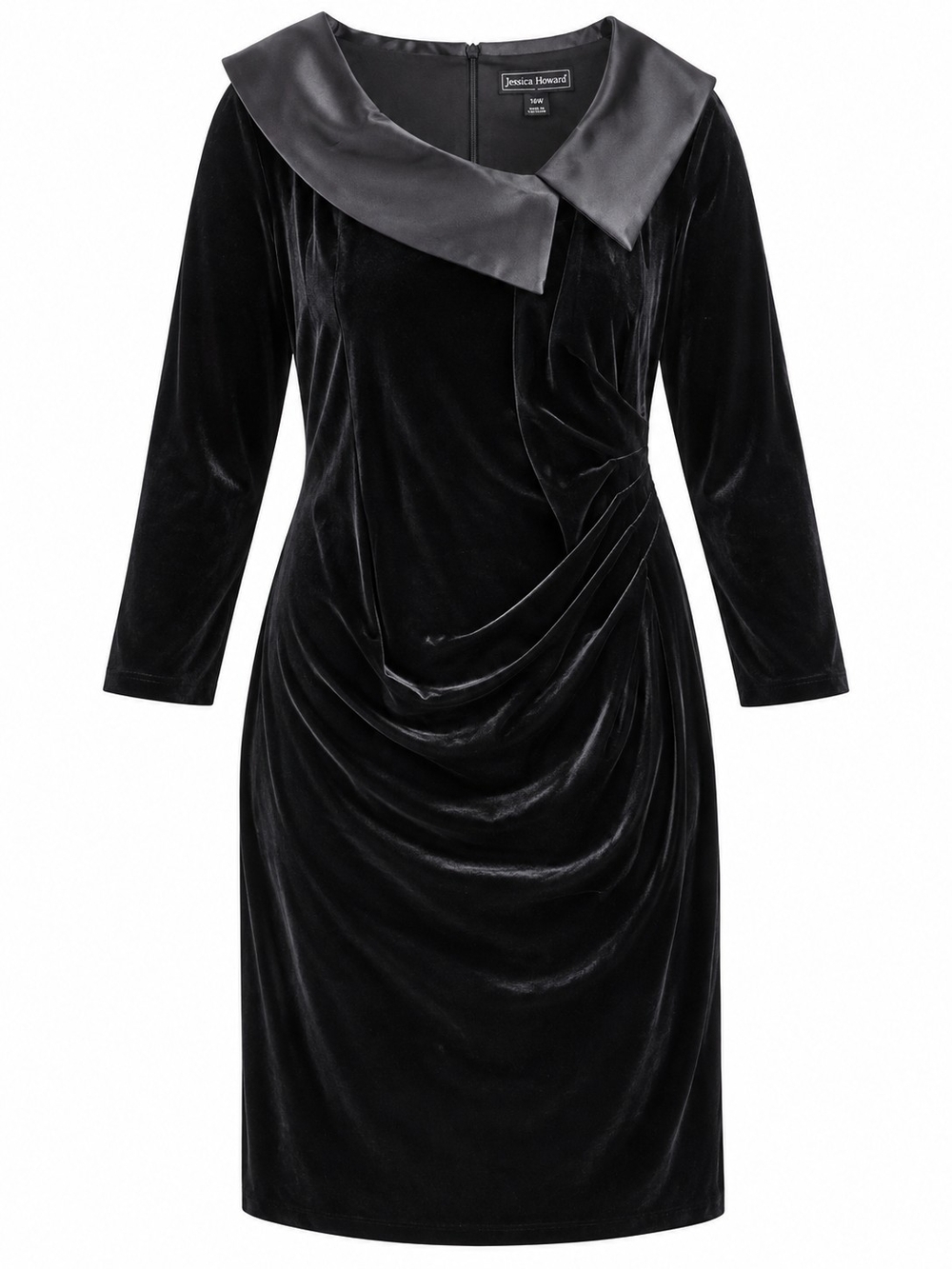 JESSICA HOWARD | NWT Black Velvet Satin Collar Ruched Cocktail Dress | 16W
